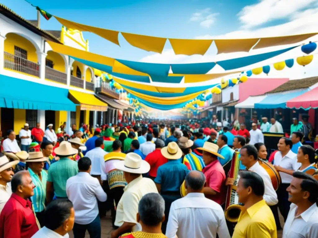 Festival Vallenato en Valledupar: Plaza llena de energía Colorido Festival Vallenato en la plaza de Valledupar, Colombia, con música de acordeón, bailes tradicionales y ambiente festivo histórico