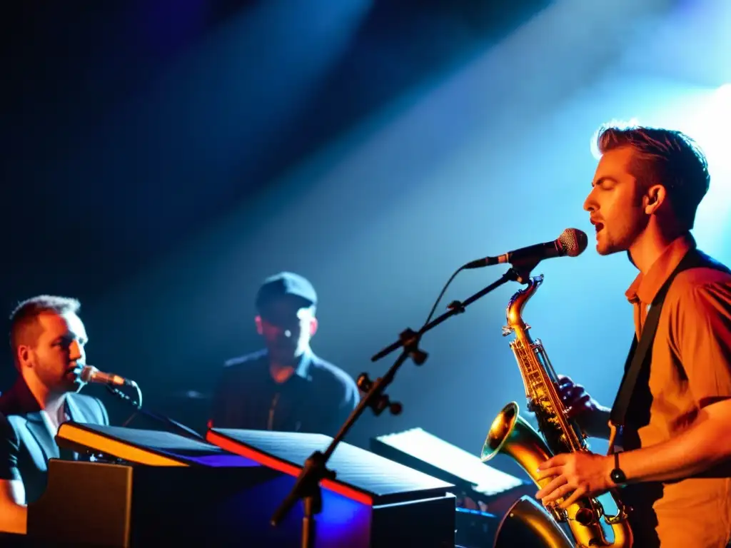 Competencias de música en vivo: Intensa competencia musical con músicos concentrados, iluminación dramática y público emocionado