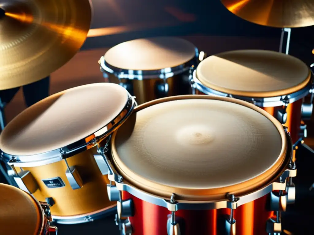 Instrumentos de percusión en la ópera: detalle y brillo Una composición detallada de diversos instrumentos de percusión utilizados en ópera, destacando su artesanía