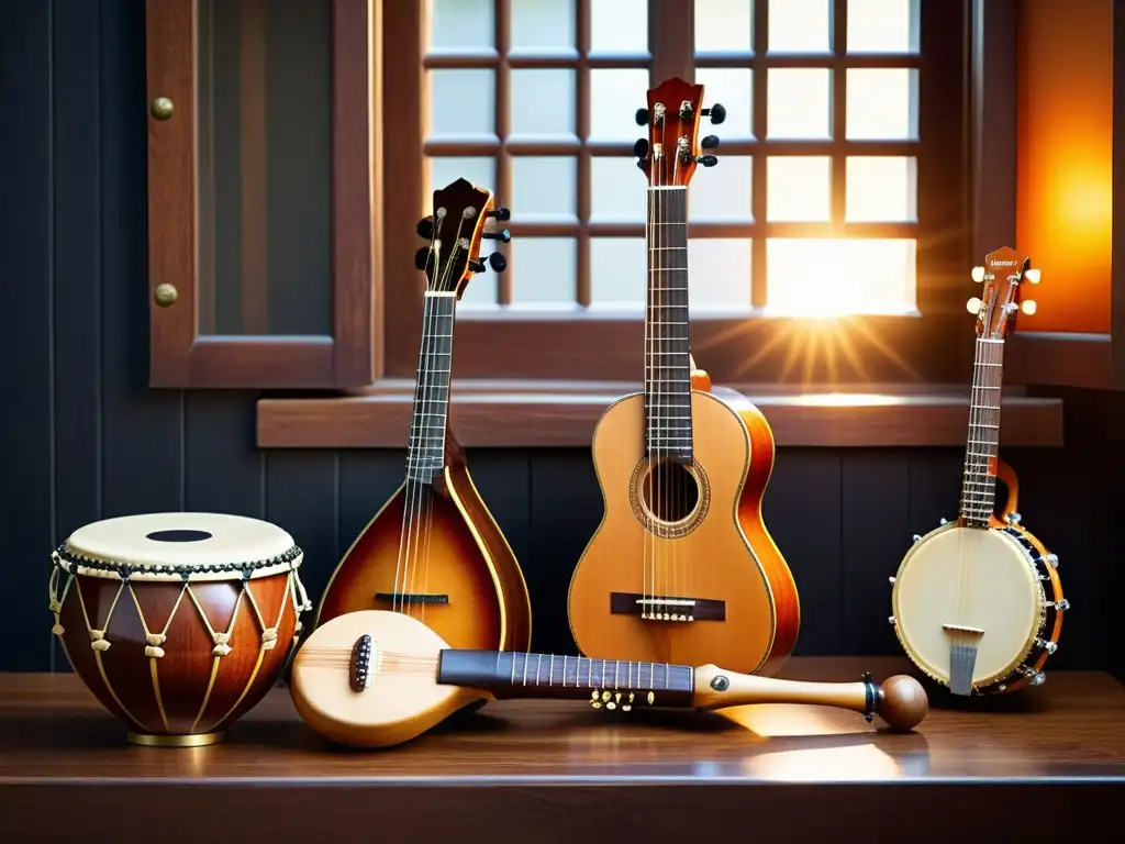 Una composición de instrumentos musicales tradicionales de diferentes culturas, iluminados por una cálida luz natural