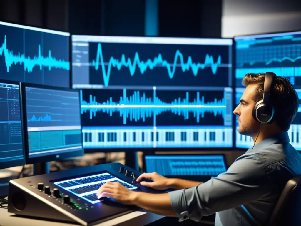 Compositor creando banda sonora interactiva para videojuegos, inmerso en monitores con complejas formas de onda y notas musicales