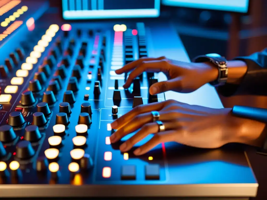 Un compositor manipula botones y perillas en una estación de música digital futurista