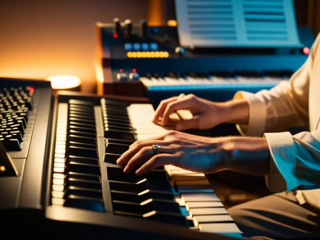 Un compositor de cine tocando el teclado en un estudio con una atmósfera cálida y concentrada, rodeado de partituras y equipo de sonido