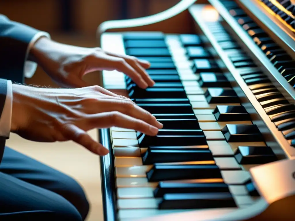 Un compositor concentrado y detallado, con las manos sobre un teclado de alta gama