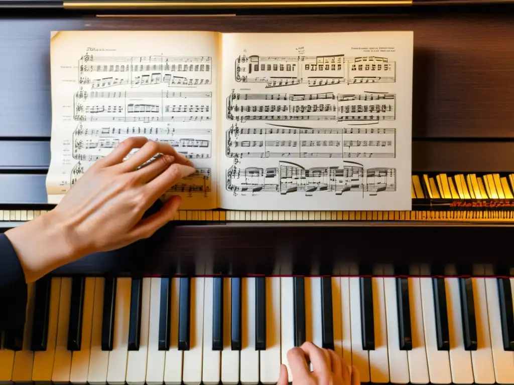 Un compositor experto concentra su creatividad en el teclado de un piano, rodeado de partituras detalladas