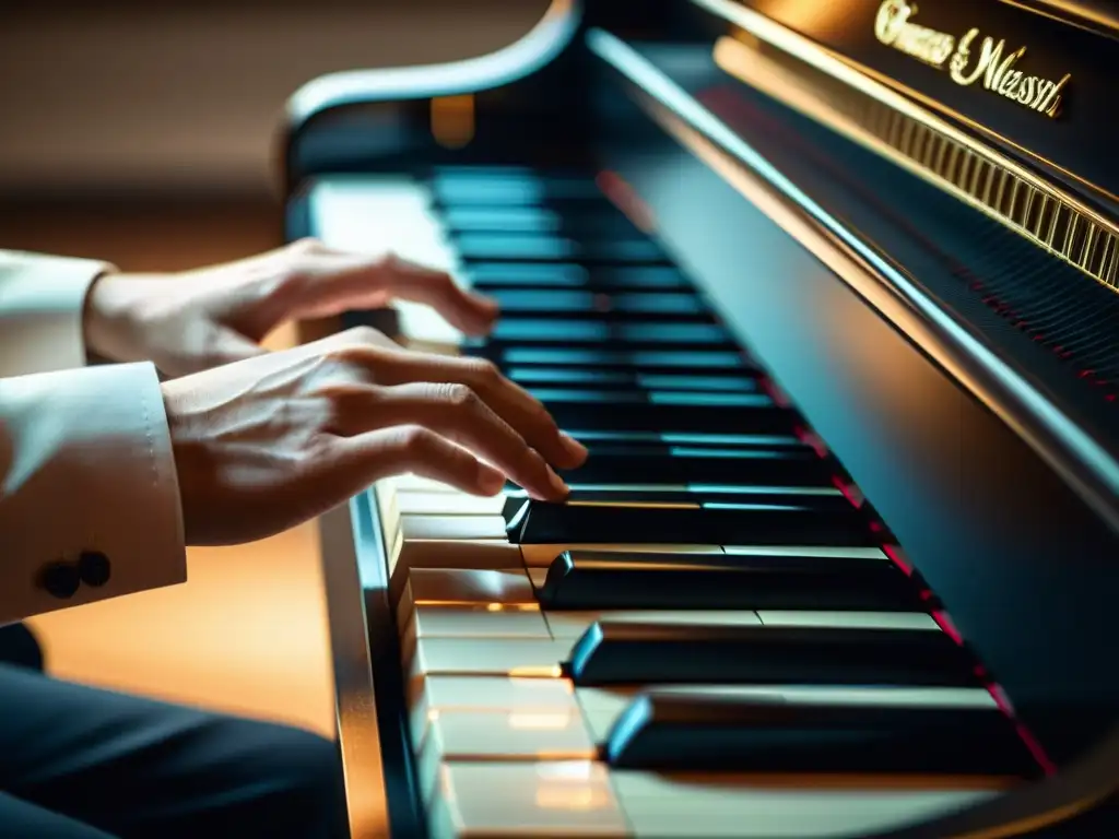 Un compositor experto tocando un elegante piano digital, transmitiendo emoción y destreza
