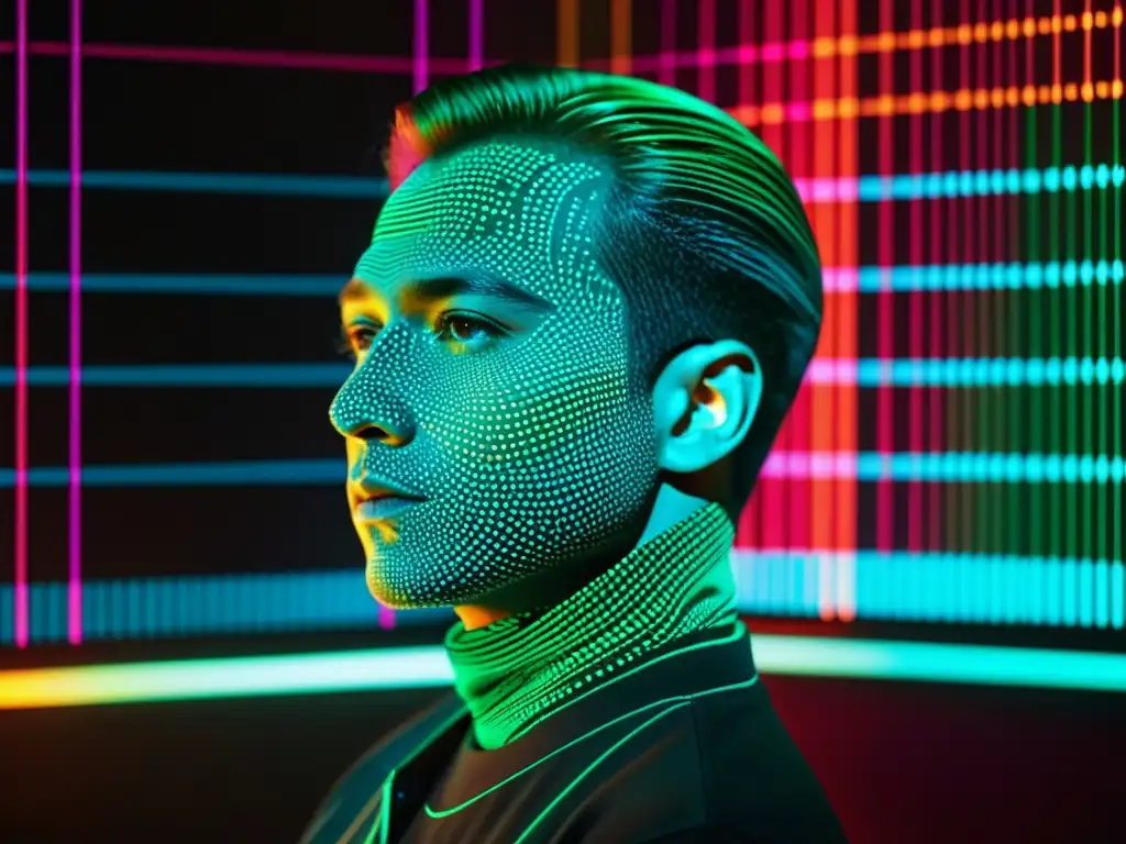 Composición musical algorítmica: la fusión de tecnología y arte Un compositor se sumerge en la fusión de algoritmos, música generativa y tecnología, rodeado de visuales coloridos en su pantalla