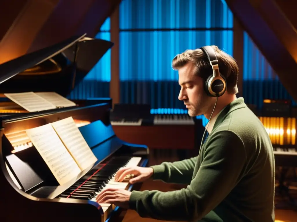 Un compositor inmerso en la creación musical en un estudio iluminado, rodeado de instrumentos vintage