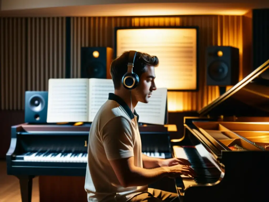 Un compositor inmerso en la creación musical en un estudio de grabación vintage, con impacto de cine y música