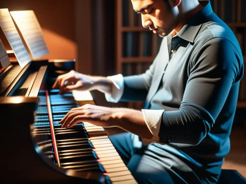 Un compositor inspirado crea música en un piano de cola con un ambiente cálido y elegante