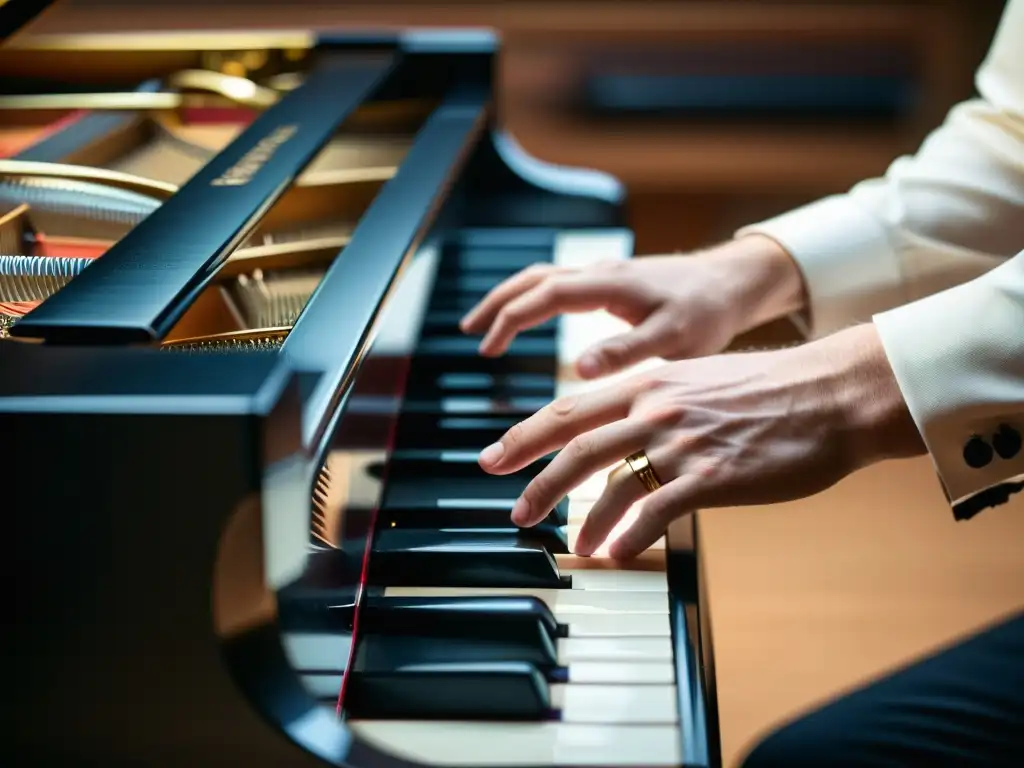 Un compositor crea con intensidad en un elegante piano de cola, en un estudio de música cinematográfica