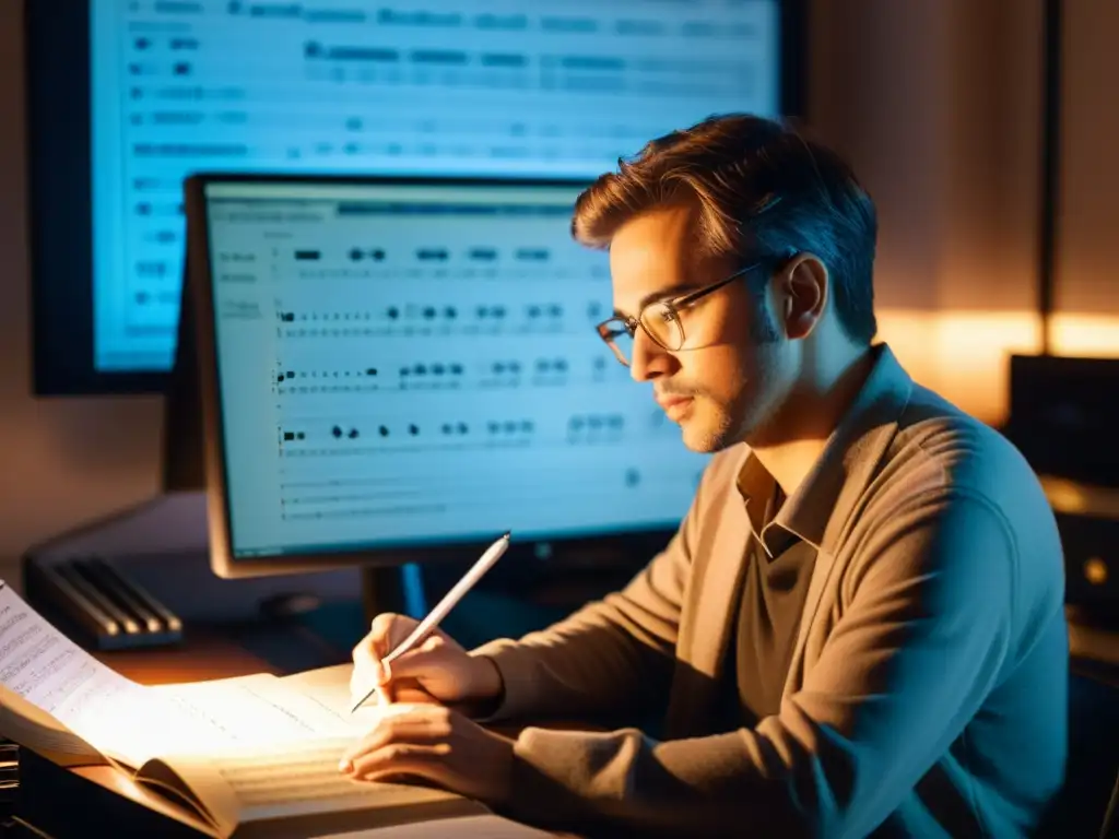 Un compositor se concentra en la composición musical algorítmica rodeado de instrumentos, partituras y libros, iluminado por una cálida luz