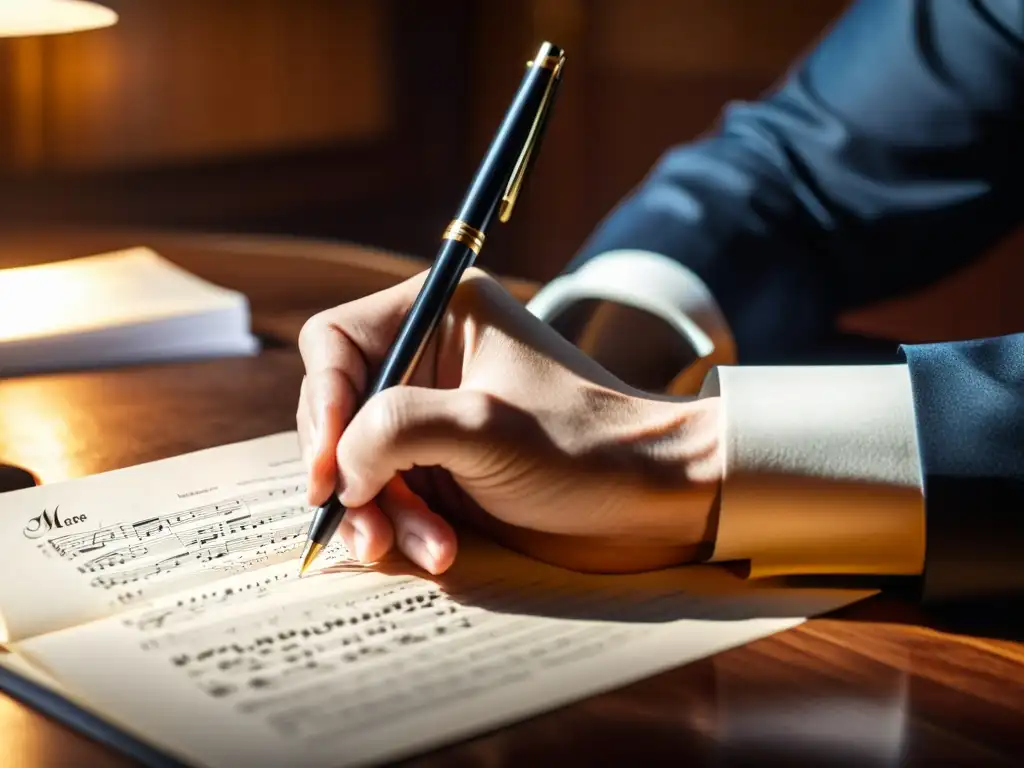 Un compositor prestigioso concentra su genialidad en la partitura, rodeado de instrumentos y puntuaciones