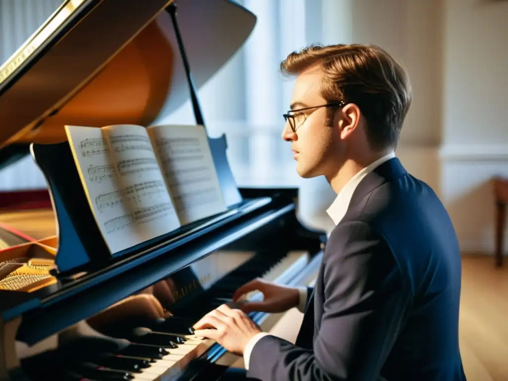 Un compositor profesional concentrado en su piano de cola, rodeado de partituras, utilizando los mejores softwares notación musical compositores