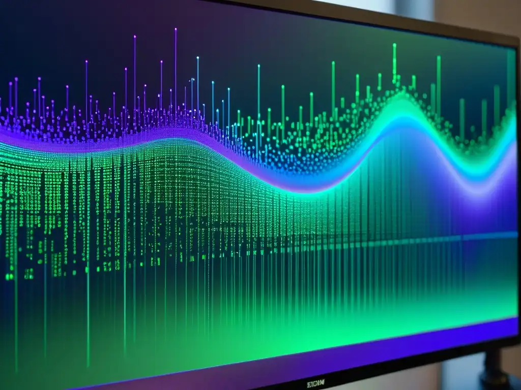 Un compositor sumergido en la creación de música algorítmica, rodeado de un deslumbrante código informático en tonos verdes, morados y azules