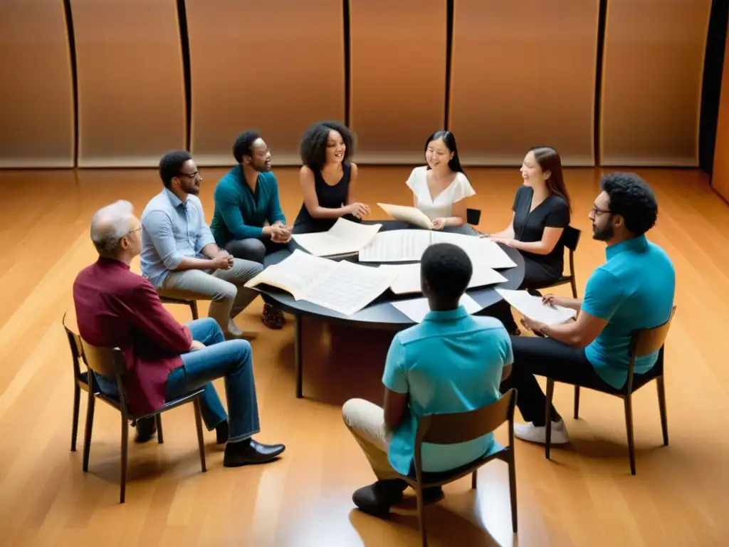 Compositores en apasionada discusión, rodeados de instrumentos musicales, en un concurso de composición de prestigio