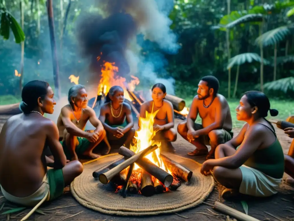 Una comunidad indígena se reúne alrededor de una fogata en la selva, compartiendo historias y música