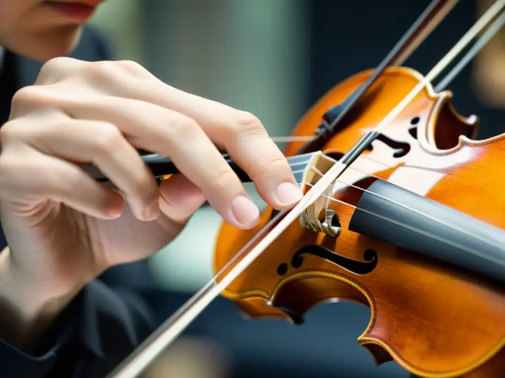 Concentrada mano de violinista tejiendo cuerdas dobles, enriqueciendo el sonido del violín con destreza y pasión