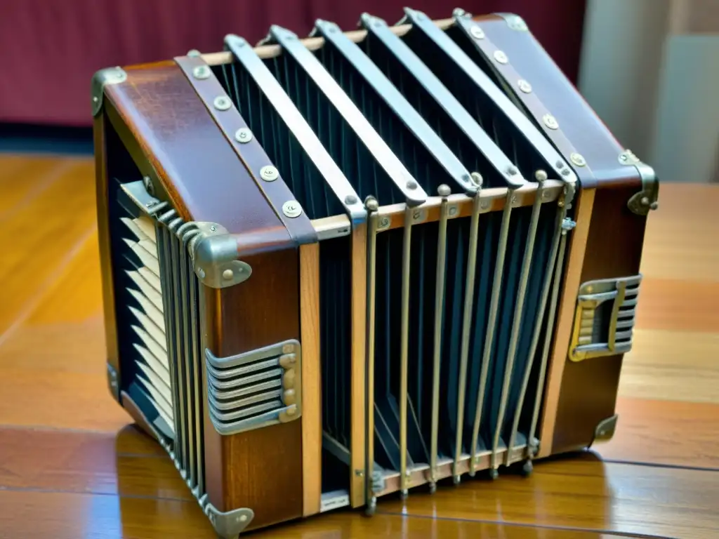 Una concertina envejecida muestra la historia y el sonido de la concertina a través de sus detalles desgastados y su atmósfera nostálgica