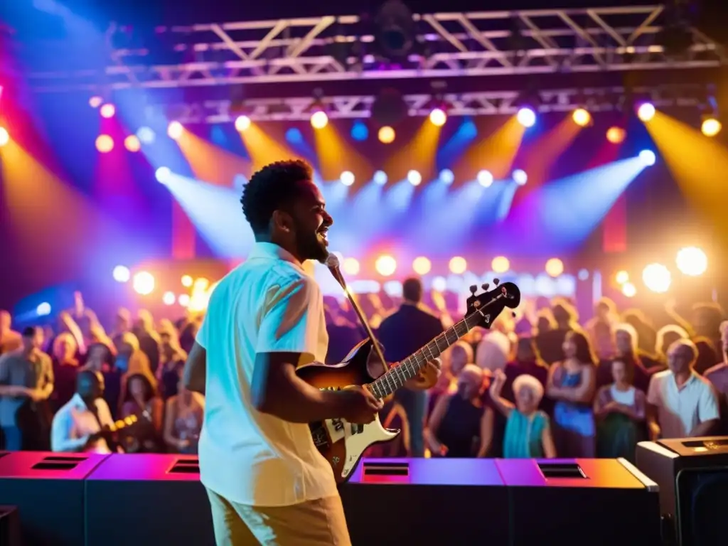 Concierto de bandas de música alternativa: escenario iluminado, músicos apasionados y público diverso disfrutando de la música