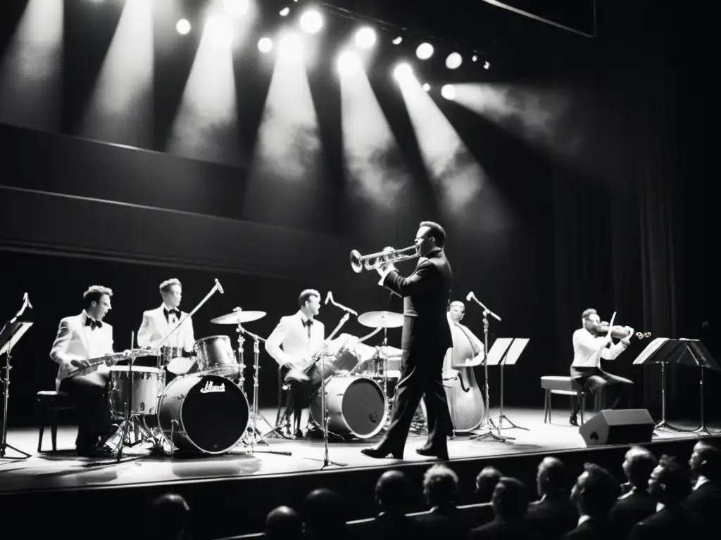 Concierto de big band en blanco y negro, mostrando la energía y pasión de los músicos