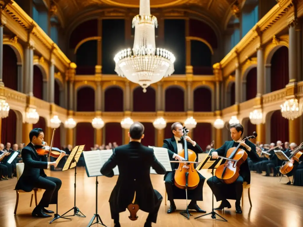 Concierto de cuarteto de cuerda en majestuoso salón, evocando la música romántica con intensidad y emoción