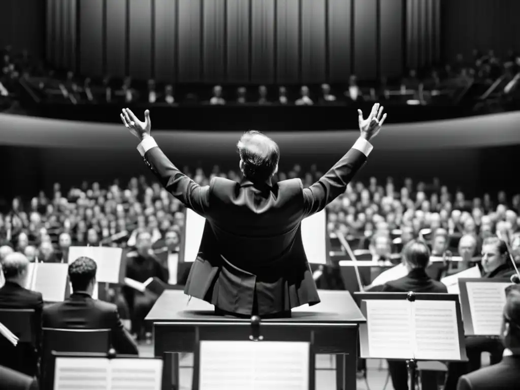 Concierto de música clásica, el director de la orquesta irradia influencia en una actuación intensa y emocional