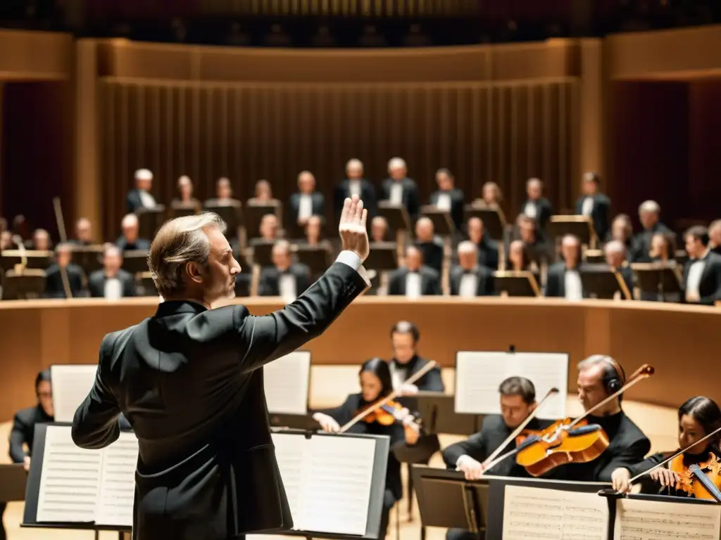 Concierto de música clásica con director de orquesta y músicos en un majestuoso auditorio, transmitiendo pasión y energía