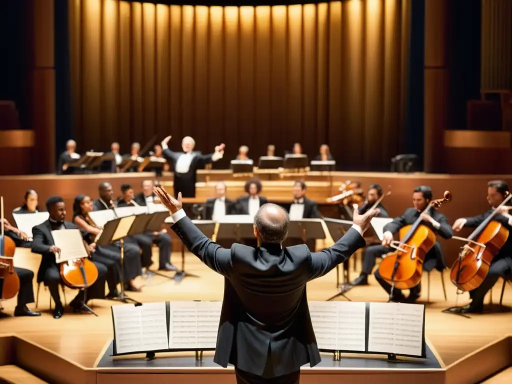 Concierto de música clásica: el director de orquesta inspira con su pasión y determinación mientras dirige a la orquesta en una emotiva interpretación