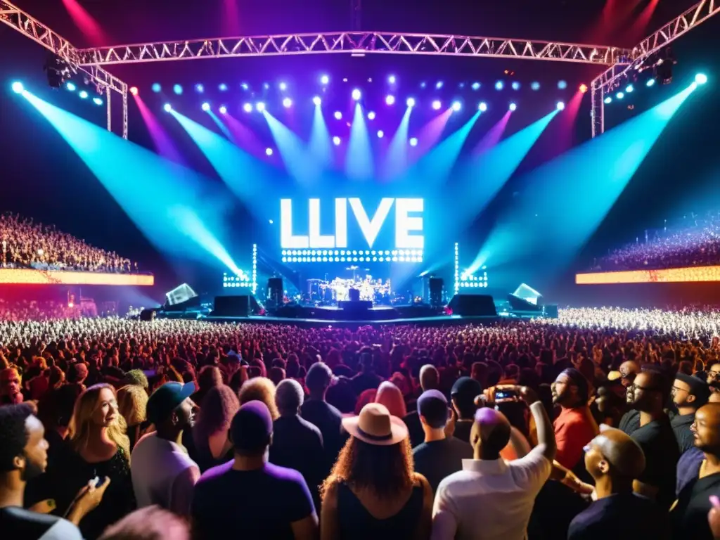 Una grabación 3D de concierto en vivo captura la emoción y energía del evento, con detalles vibrantes de escenario, iluminación y público entusiasta