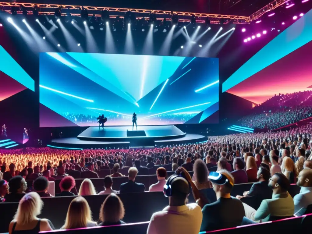 Concierto del futuro con realidad virtual integrada, público animado y escenario futurista holográfico