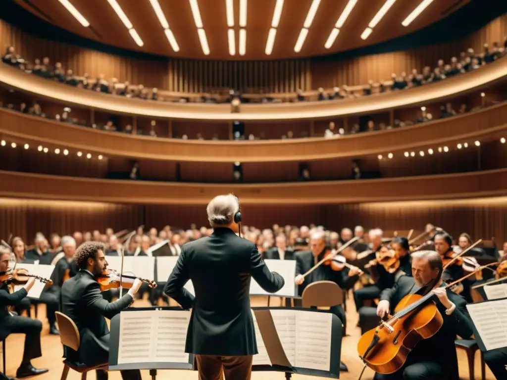 Concierto histórico con músicos apasionados y público cautivado, el director controla la orquesta