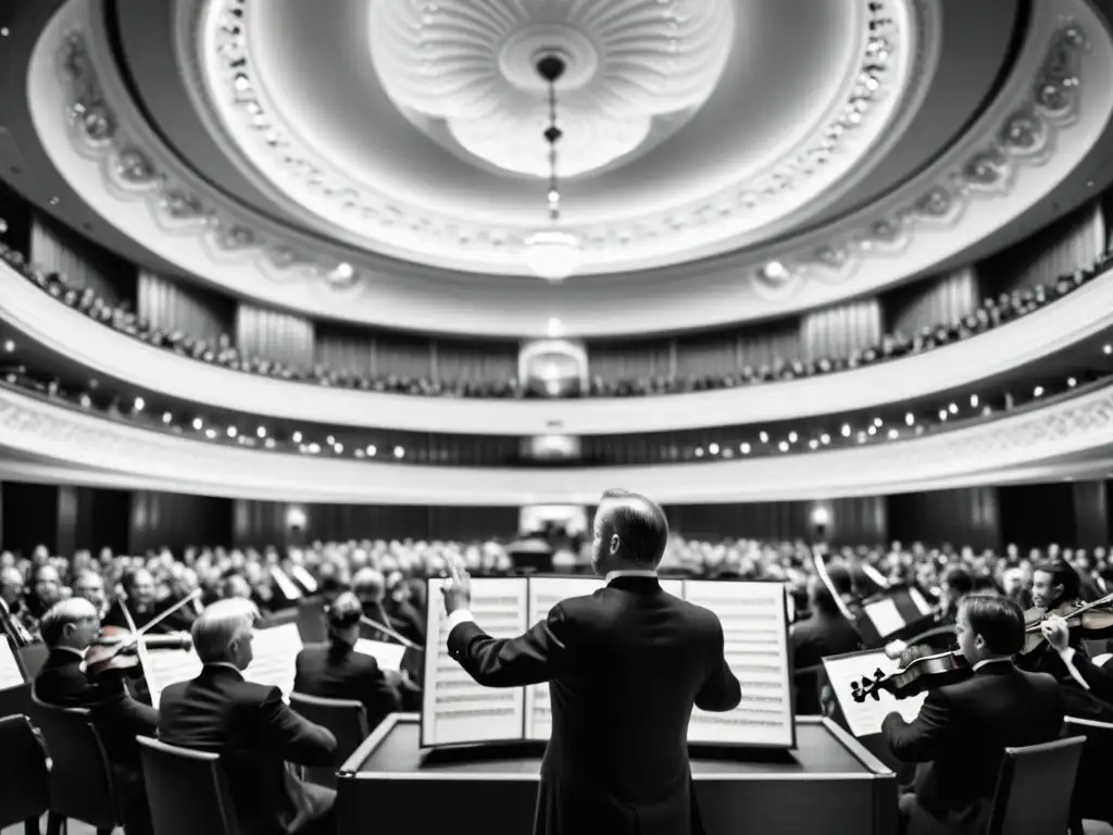 Concierto histórico de orquesta con el conductor apasionado y el público cautivado