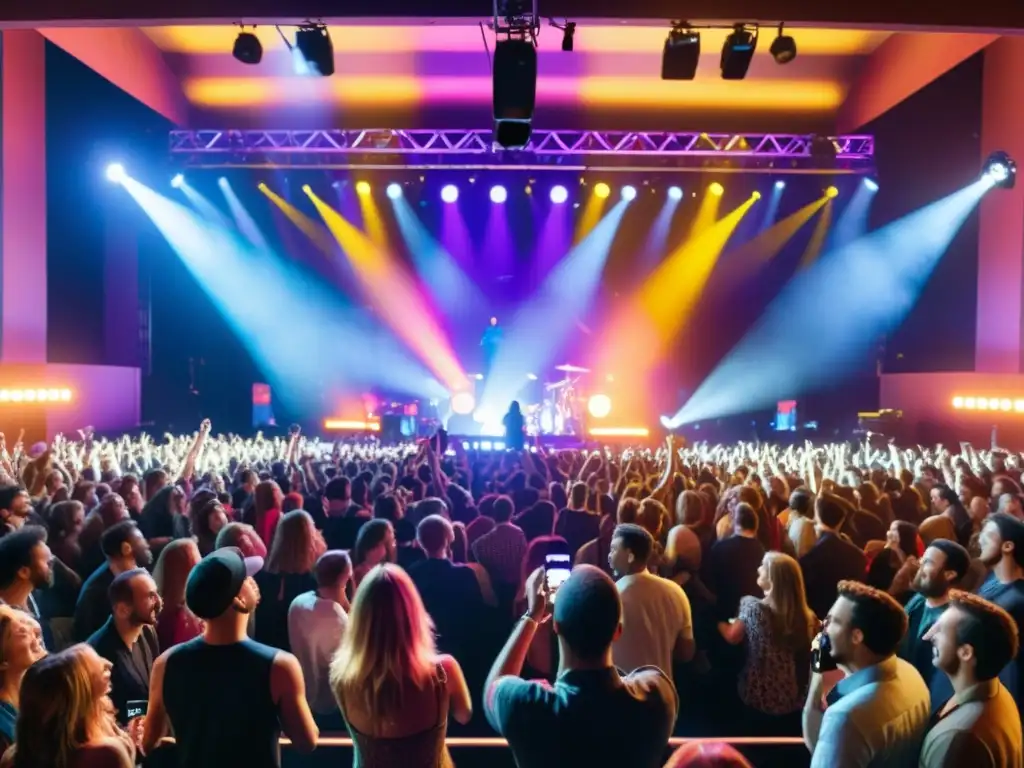 Concierto lleno de energía, luces coloridas en el escenario y el público grabando con sus teléfonos inteligentes