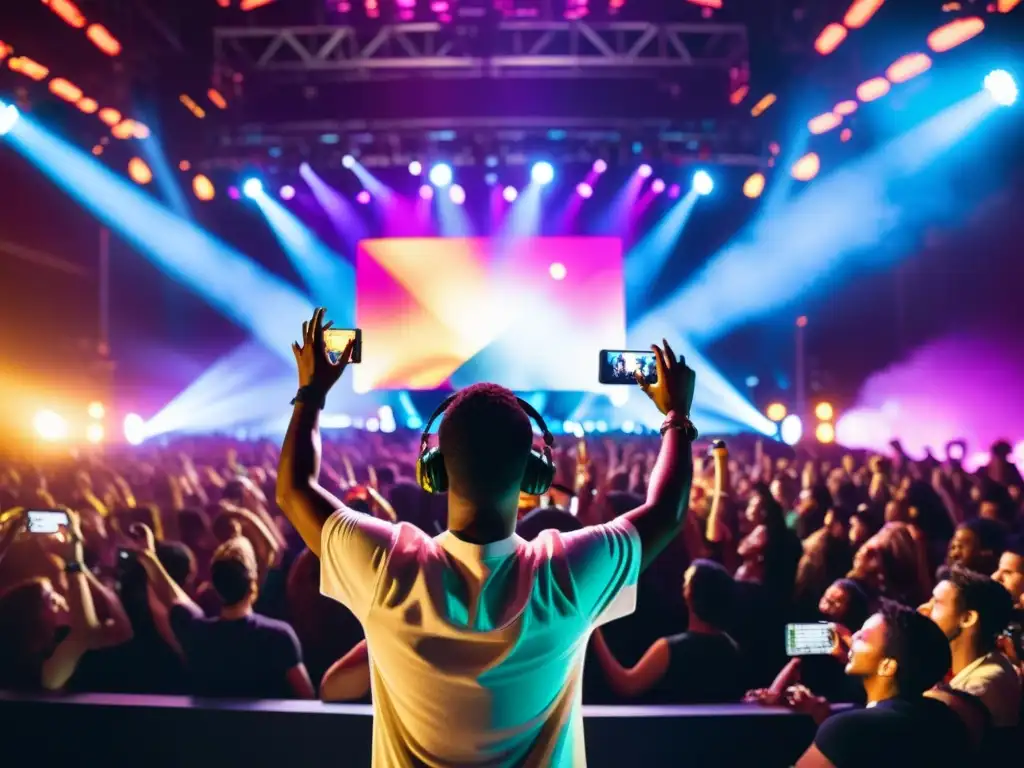 Concierto lleno de energía con músico en escenario rodeado de fans entusiastas y luces de colores