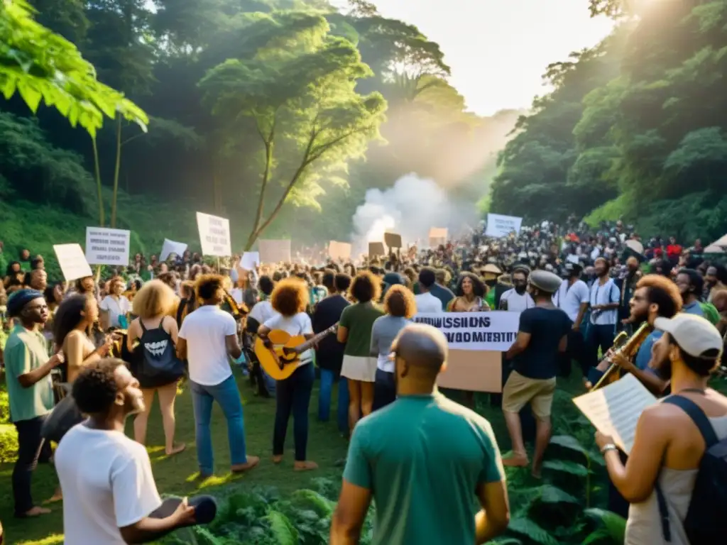 Concierto de música y activismo ambiental mundial en el bosque: músicos, activistas y lemas por el medioambiente, unidos en pasión y determinación