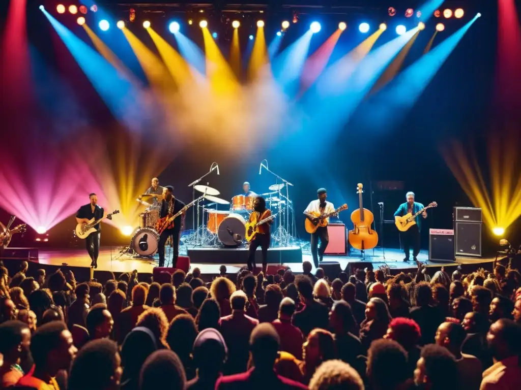 Concierto de música alternativa con músicos de diversas culturas y emocionado público