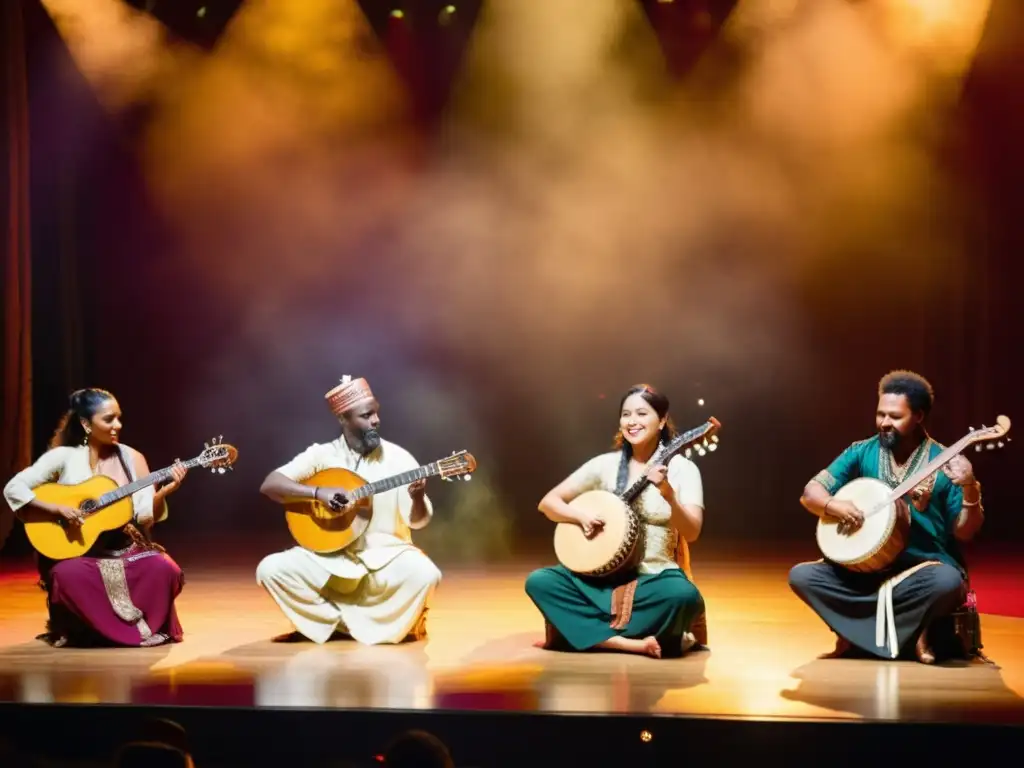 Concierto de músicos de diversas culturas tocando instrumentos musicales globales en un escenario, destacando la integración de tradiciones