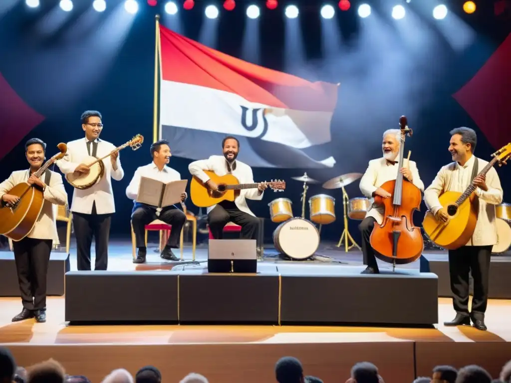 Concierto de músicos con instrumentos tradicionales, conexión a la identidad nacional a través de la música y la diversidad del público