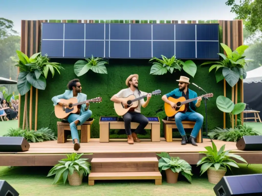 Concierto de músicos promoviendo sostenibilidad mundial en escenario ecofriendly entre vegetación y paneles solares