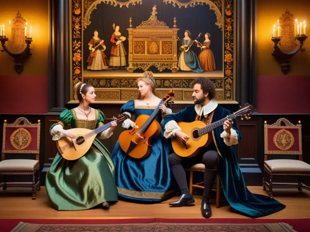 Concierto de músicos en trajes renacentistas, tocando instrumentos de la época en un salón ornamentado con velas