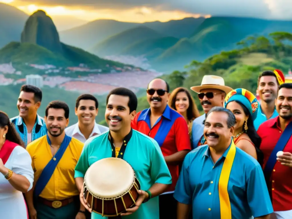 Concierto de músicos venezolanos con trajes tradicionales, tocando el cuatro, maracas y tambor, frente a un público diverso y animado