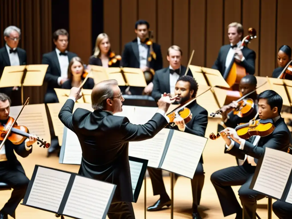 Concierto de orquesta con el análisis de sonido de instrumentos, capturando la pasión y la intensidad de la actuación