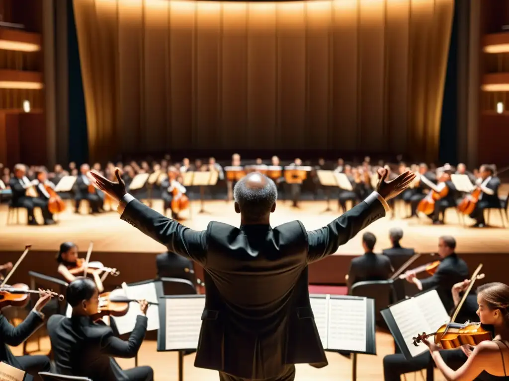 Concierto de orquesta con director apasionado, músicos precisos y auditorio cautivado por la música clásica