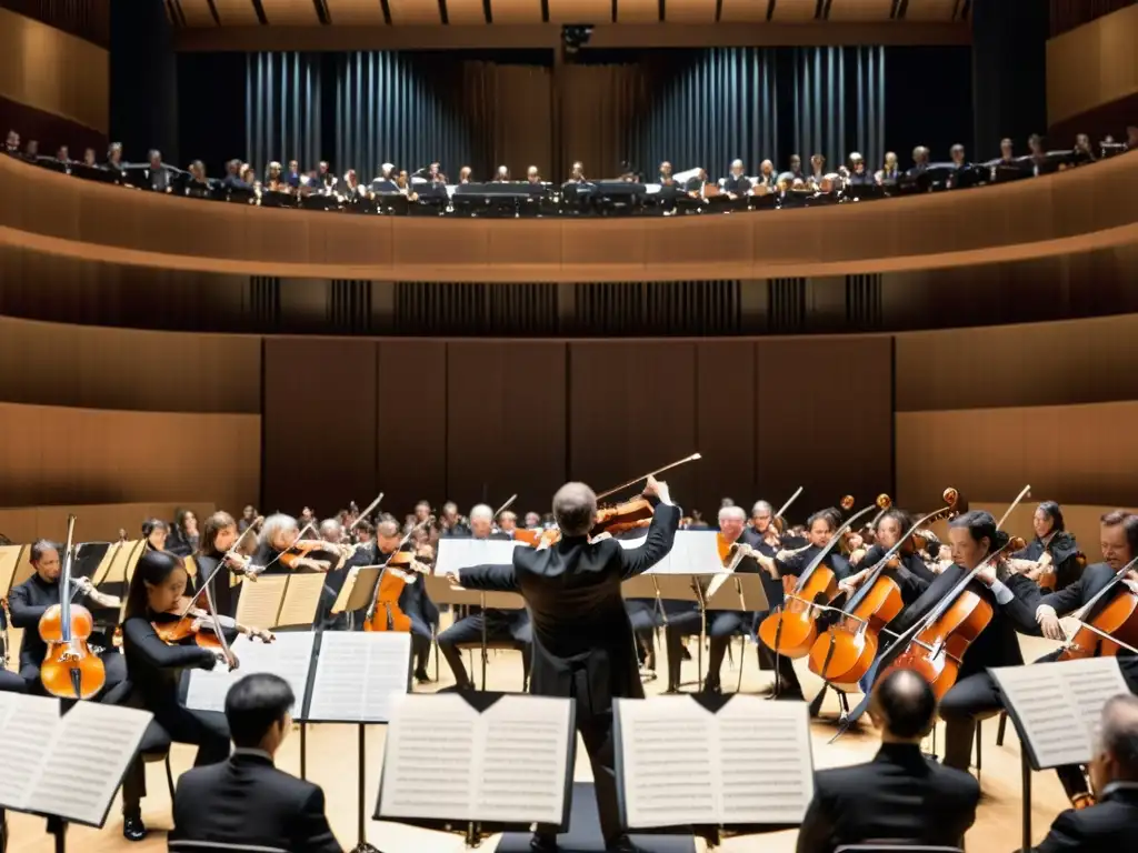 Concierto de la orquesta sinfónica en el escenario, con el director levantando la batuta