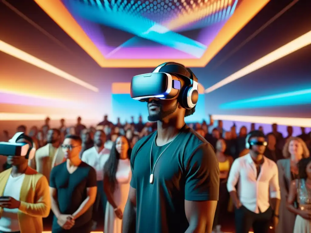 Concierto de realidad virtual: influencia cultural música realidad virtual en un entorno vibrante y diverso con personas usando auriculares VR