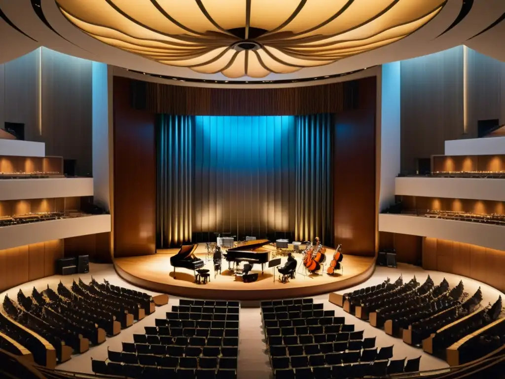 Concierto en sala grandiosa con instrumentos musicales detallados, destacando la influencia del entorno en acústica