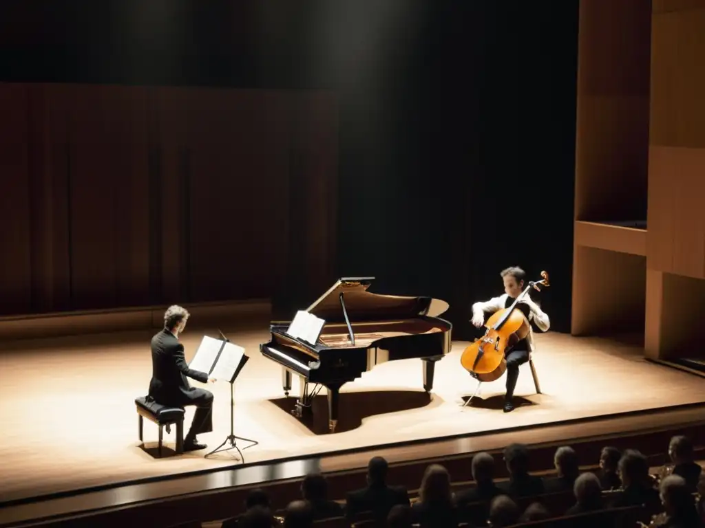 Concierto de música de cámara en un teatro iluminado con una apasionada interpretación de un trío