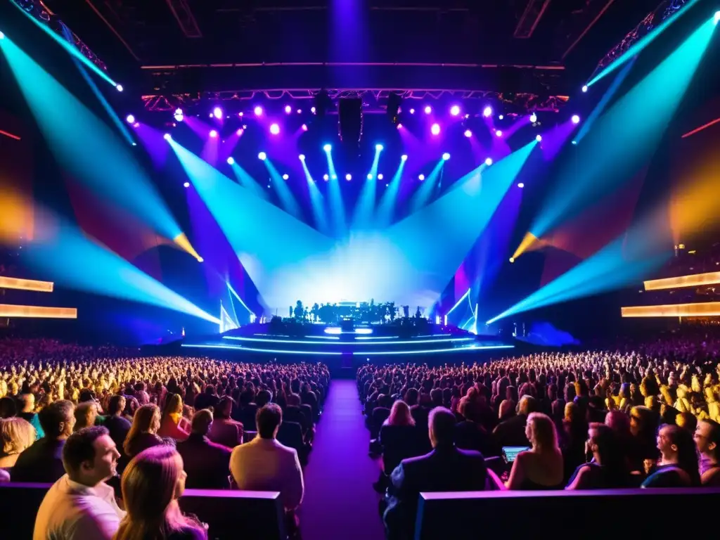 Concierto en vivo con tecnología cambia presentaciones en vivo, espectáculo iluminado y público asombrado por efectos visuales