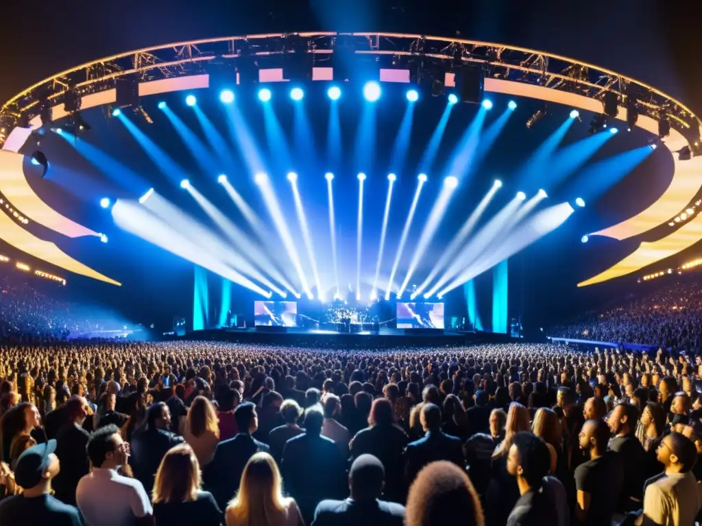 Concierto en vivo con tecnología cambia presentaciones en vivo, escenario iluminado y público inmerso en la experiencia